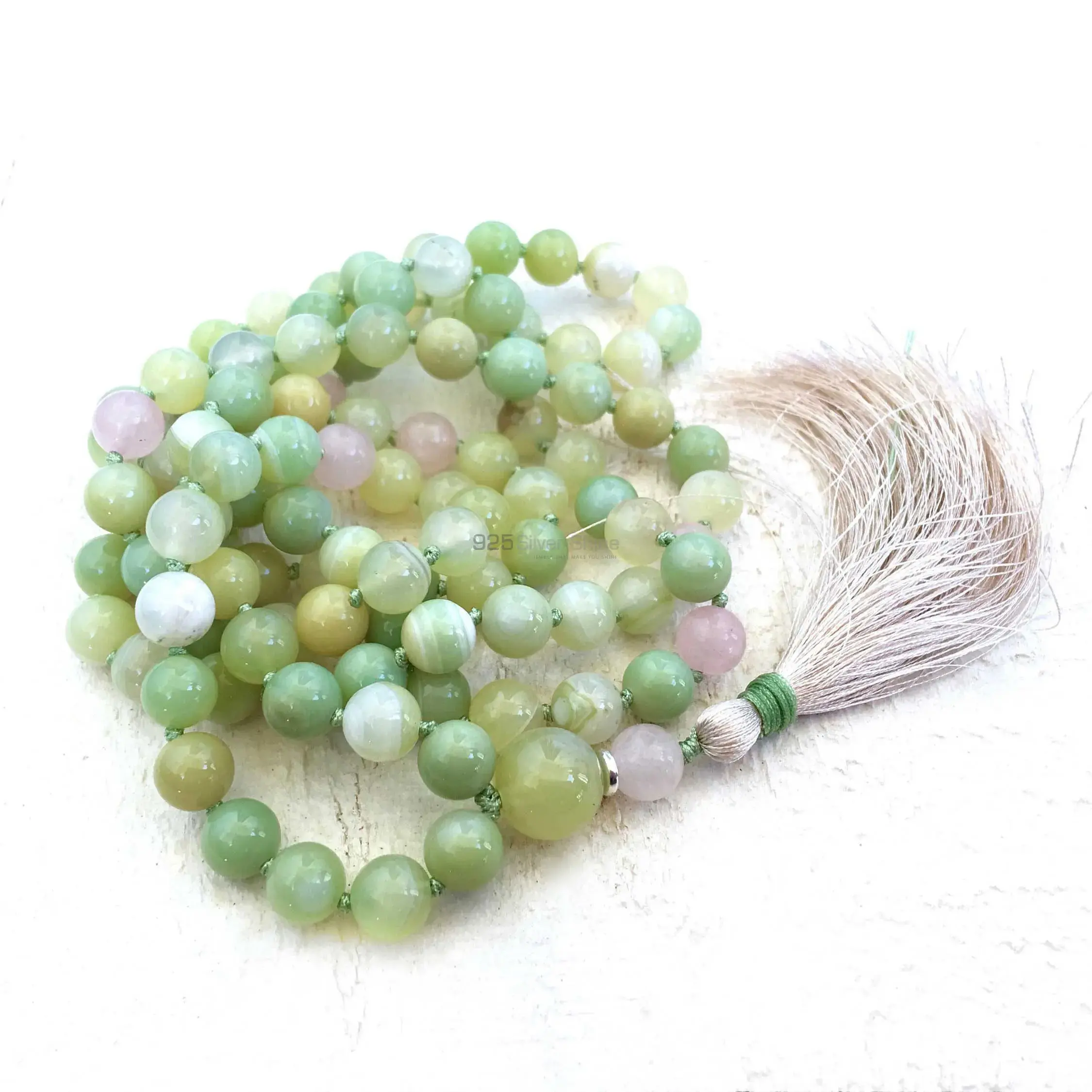 108 Semi Precious Green Agate-Rose Quartz Gemstone with Tassel for Mantra and Meditation-Yoga-Reiki-Chakra Stones 925MBC101