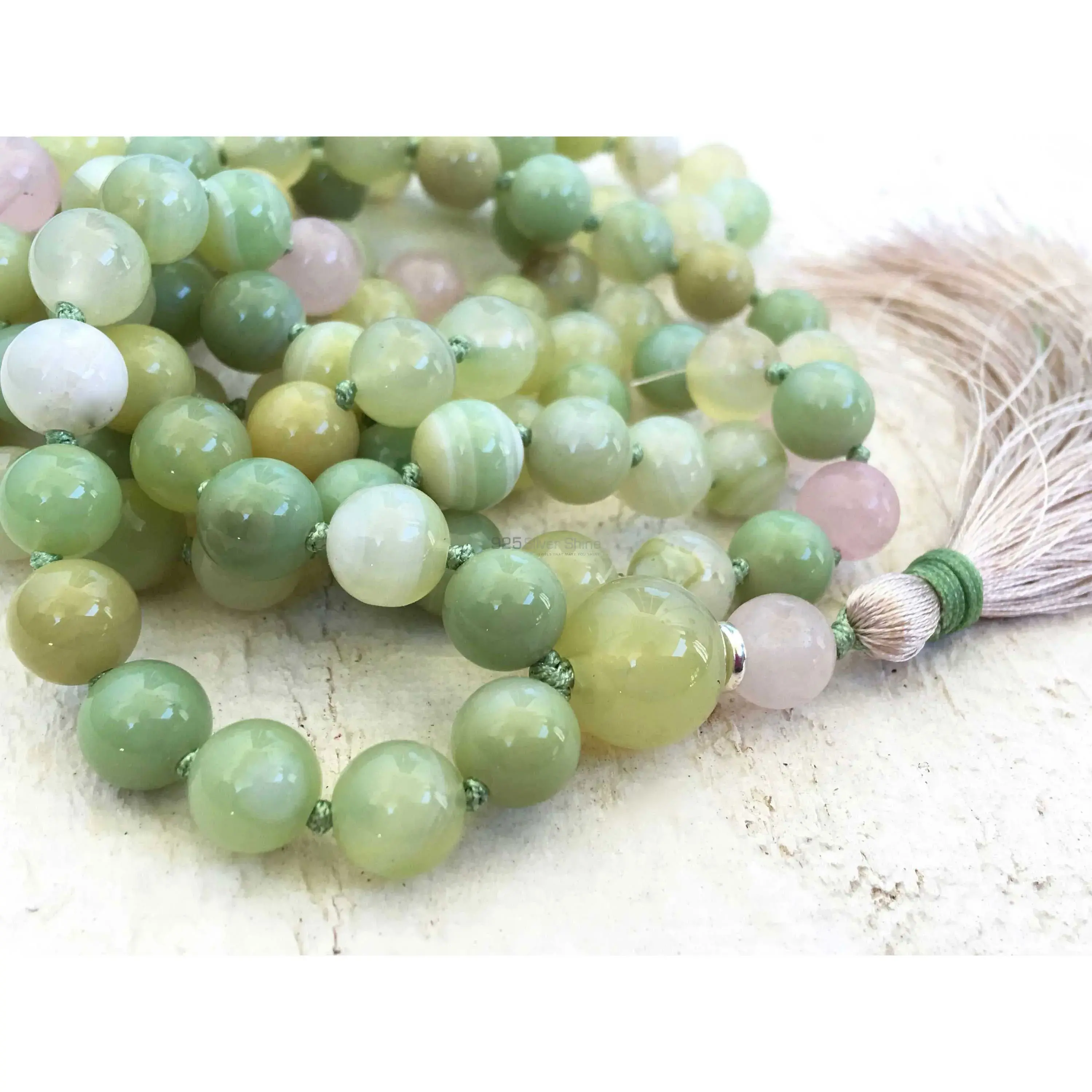 108 Semi Precious Green Agate-Rose Quartz Gemstone with Tassel for Mantra and Meditation-Yoga-Reiki-Chakra Stones 925MBC101_0