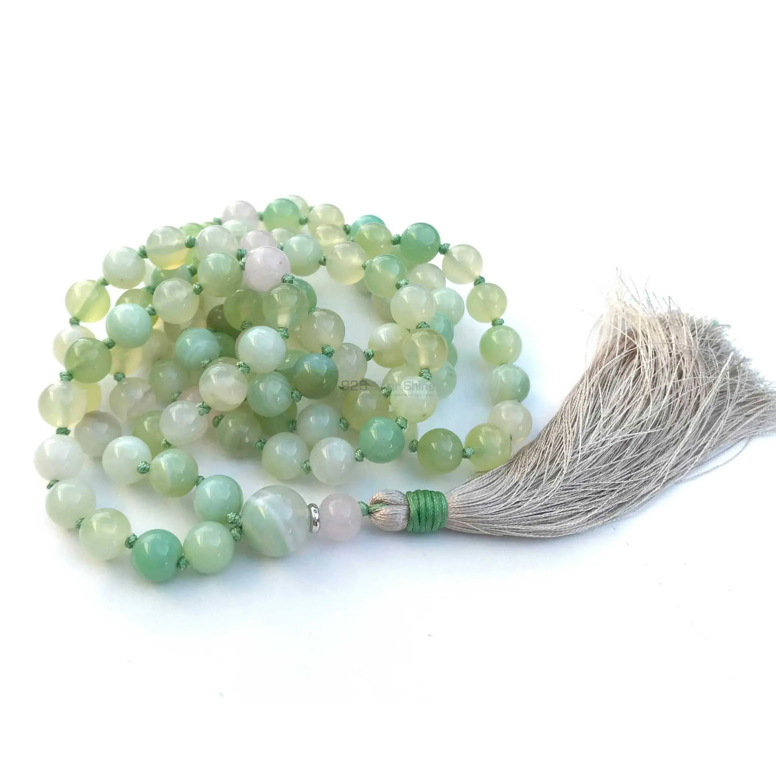 108 Semi Precious Green Agate-Rose Quartz Gemstone with Tassel for Mantra and Meditation-Yoga-Reiki-Chakra Stones 925MBC101_1