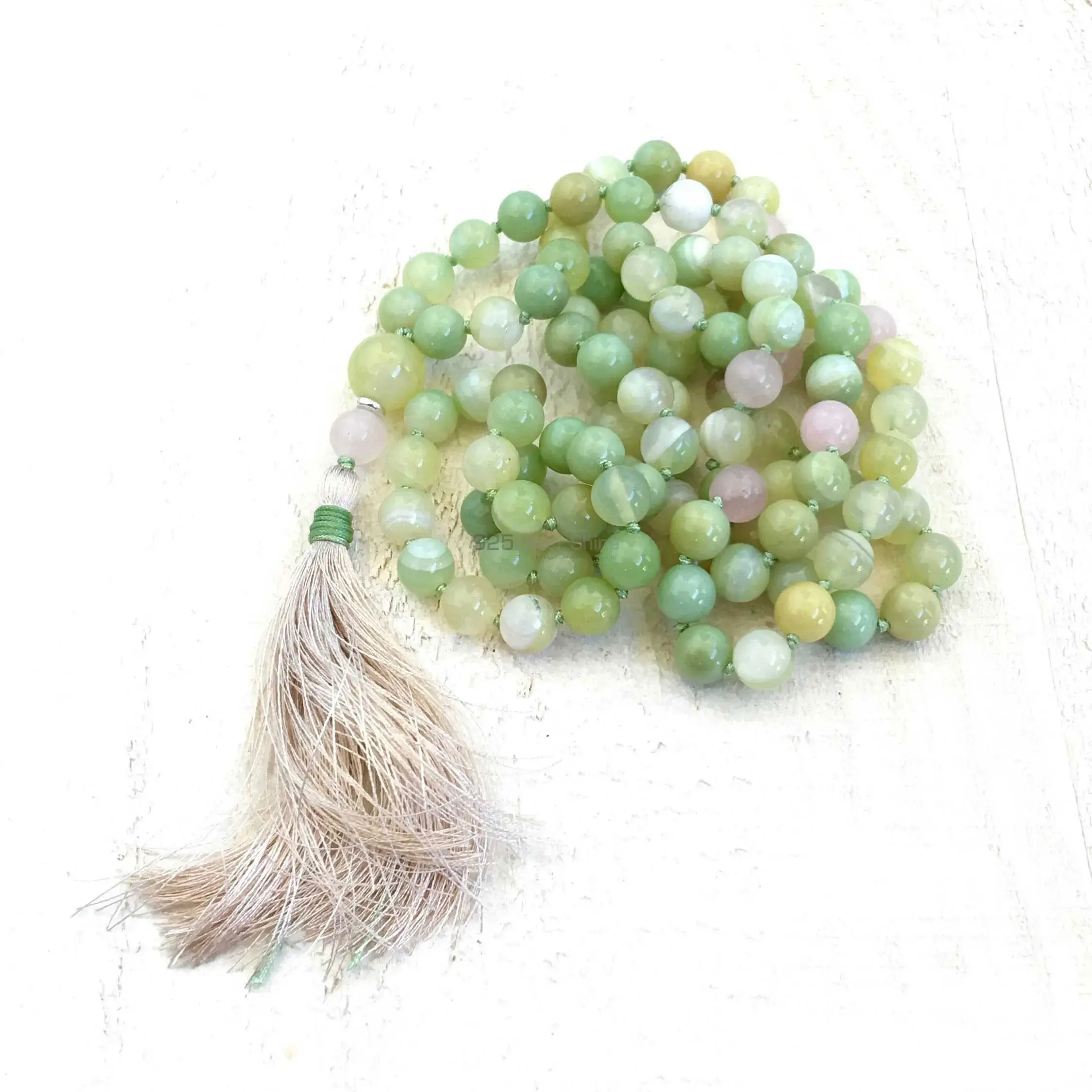 108 Semi Precious Green Agate-Rose Quartz Gemstone with Tassel for Mantra and Meditation-Yoga-Reiki-Chakra Stones 925MBC101_2