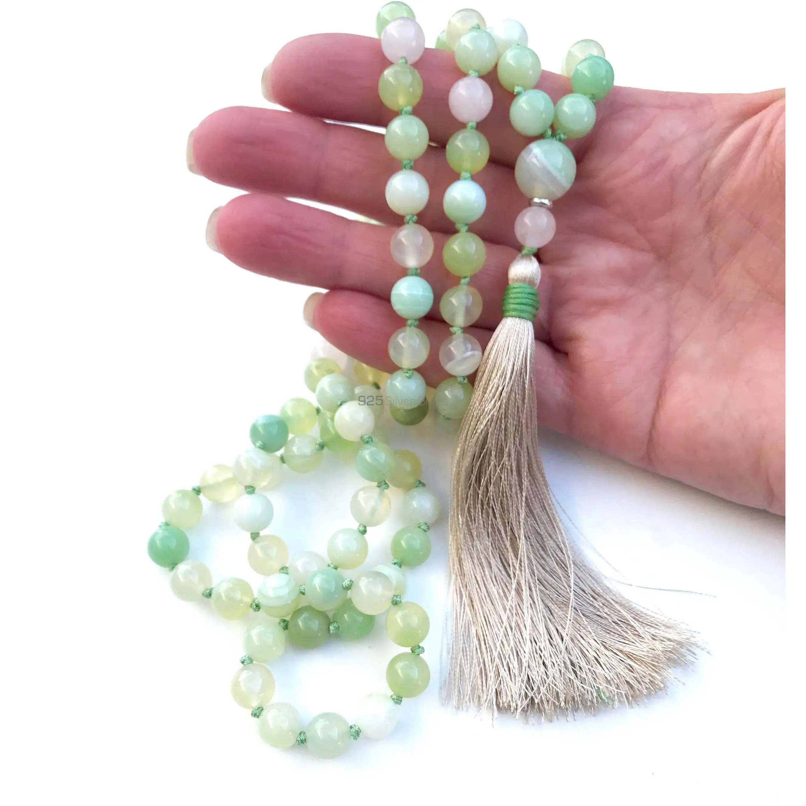 108 Semi Precious Green Agate-Rose Quartz Gemstone with Tassel for Mantra and Meditation-Yoga-Reiki-Chakra Stones 925MBC101_3