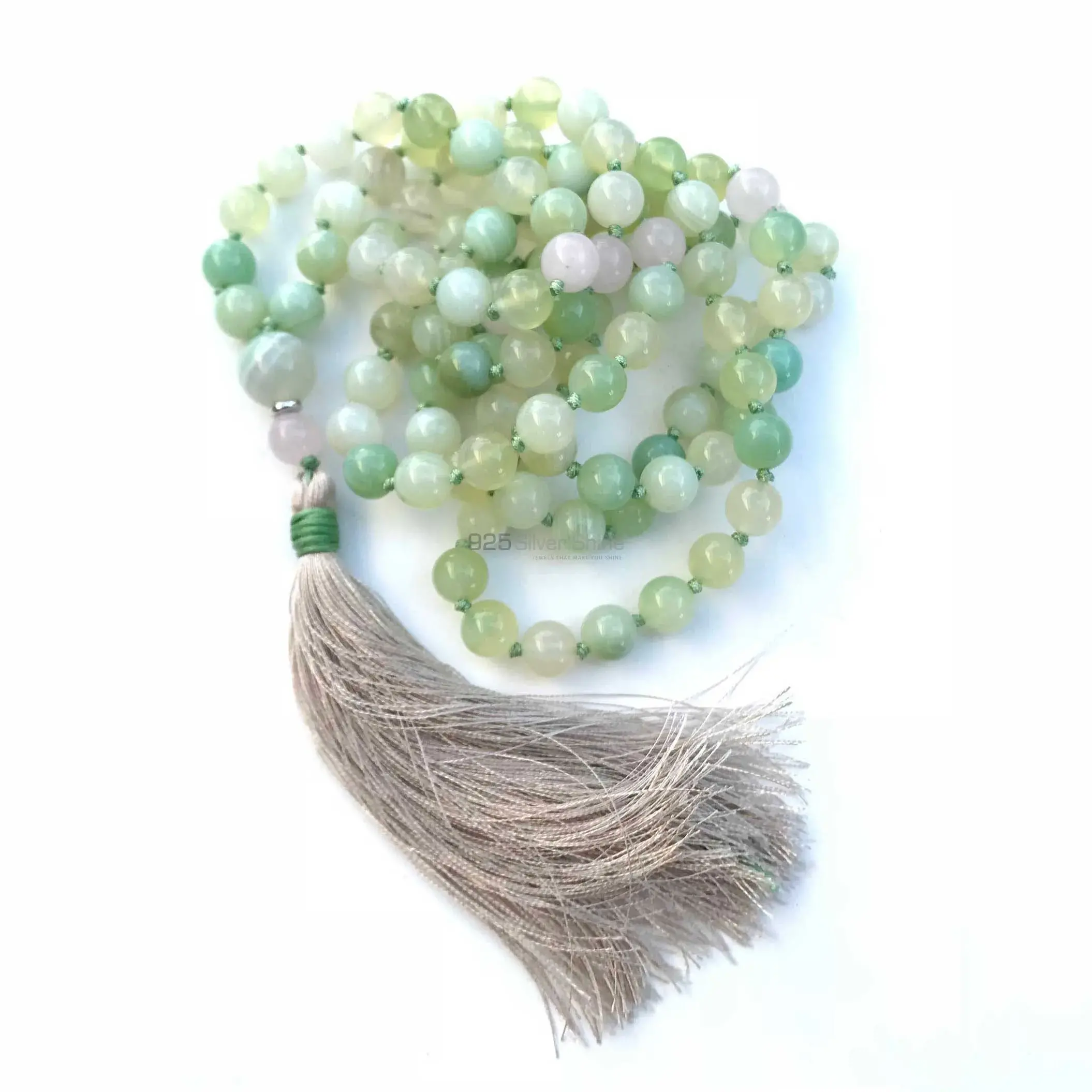 108 Semi Precious Green Agate-Rose Quartz Gemstone with Tassel for Mantra and Meditation-Yoga-Reiki-Chakra Stones 925MBC101_4