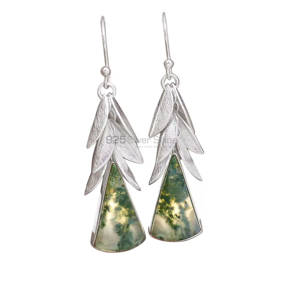 925 Sterling Silver Earrings In Genuine Moos Agate Gemstone 925SE2993_0