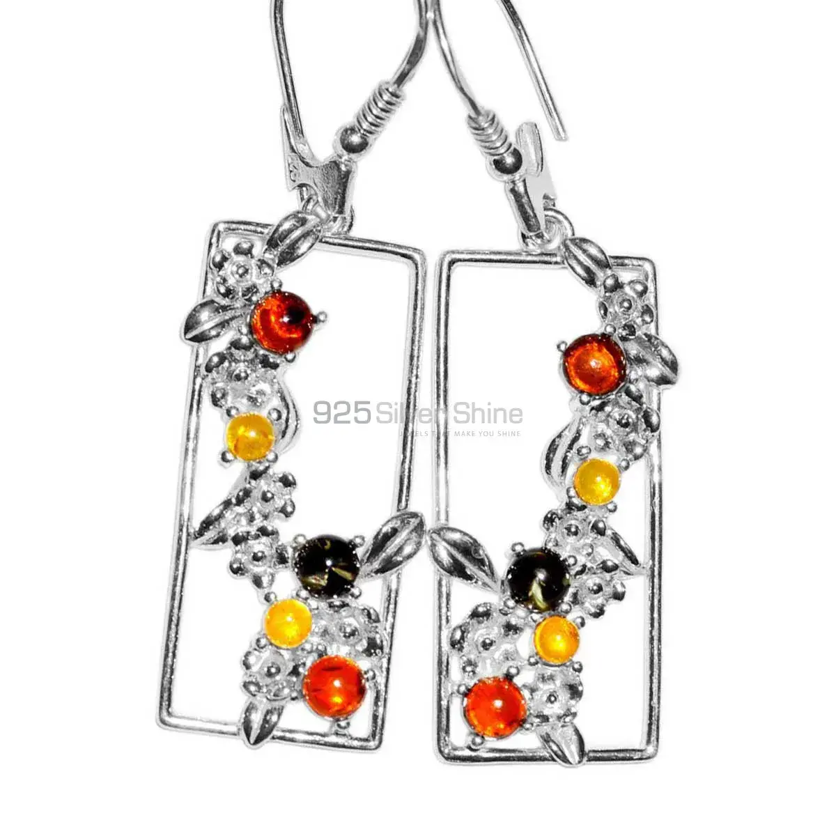 925 Sterling Silver Earrings In Natural Amber Gemstone 925SE2912_0
