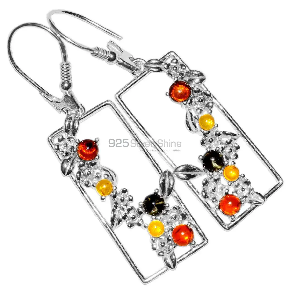 925 Sterling Silver Earrings In Natural Amber Gemstone 925SE2912_1