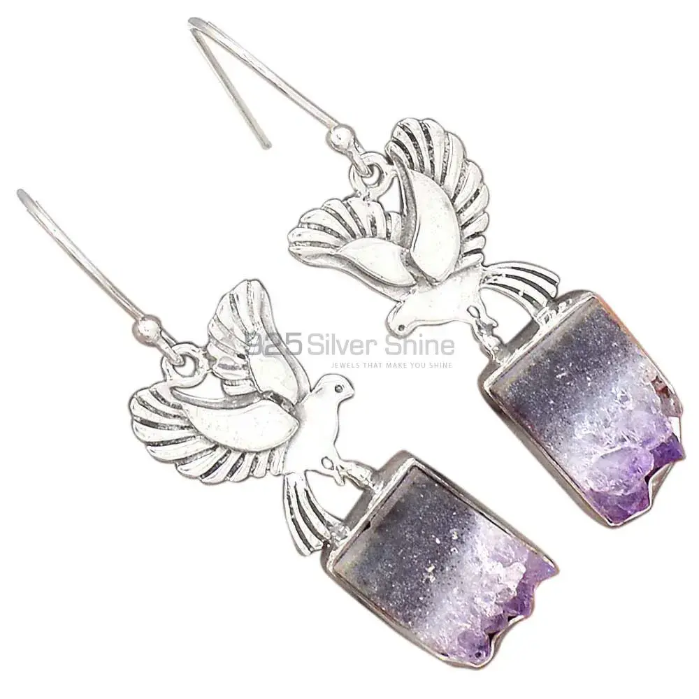 925 Sterling Silver Earrings In Semi Precious Amethyst Cylinder Gemstone 925SE2670_1