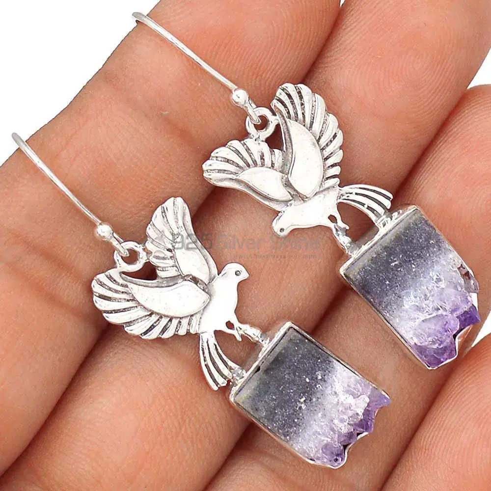 925 Sterling Silver Earrings In Semi Precious Amethyst Cylinder Gemstone 925SE2670_2