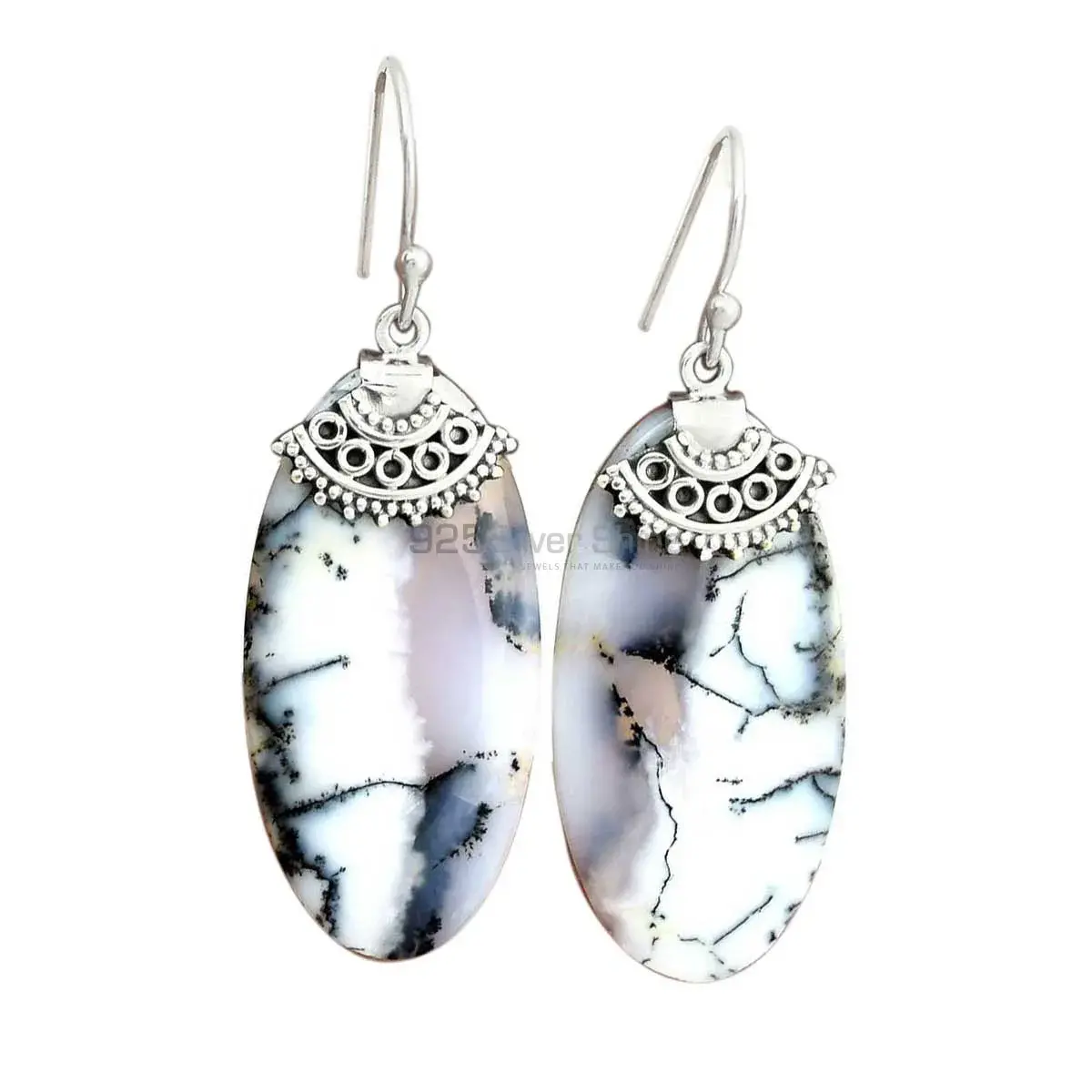 925 Sterling Silver Earrings In Semi Precious Dendritic Agate Gemstone 925SE2516_0