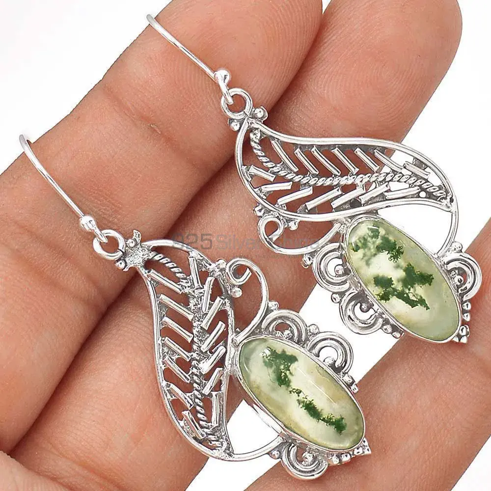 925 Sterling Silver Earrings In Genuine Moos Agate Gemstone 925SE2966_1