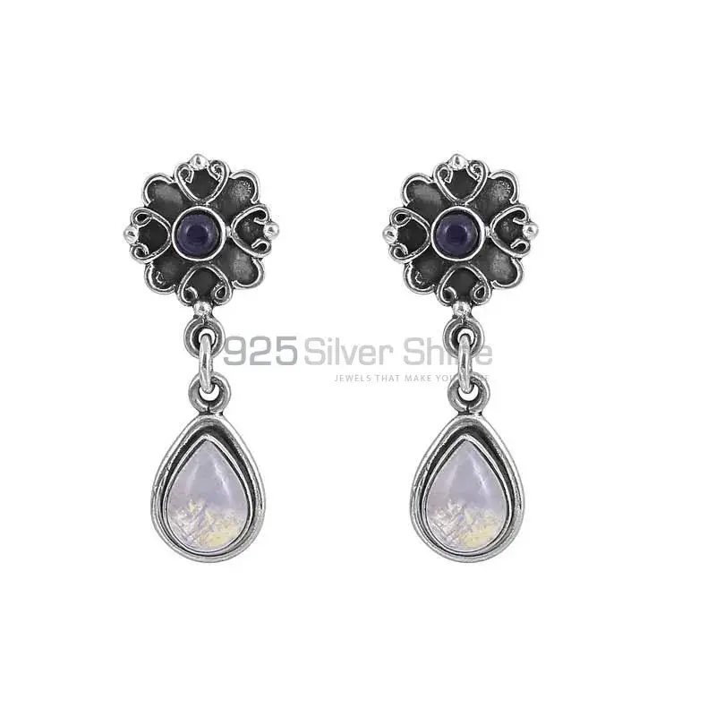 925 Sterling Silver Earrings In Rainbow Moonstone-Black Onyx Gemstone Jewelry 925SE16
