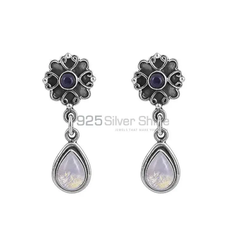 925 Sterling Silver Earrings In Rainbow Moonstone-Black Onyx Gemstone Jewelry 925SE16_0