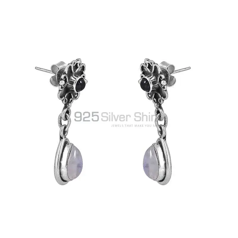 925 Sterling Silver Earrings In Rainbow Moonstone-Black Onyx Gemstone Jewelry 925SE16_0