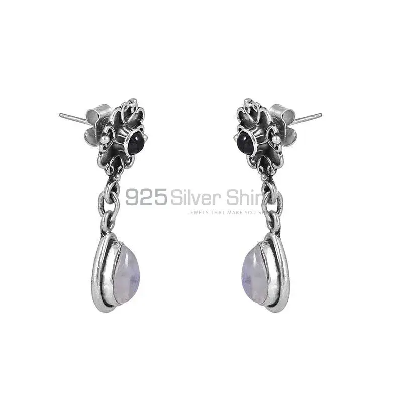 925 Sterling Silver Earrings In Rainbow Moonstone-Black Onyx Gemstone Jewelry 925SE16_1