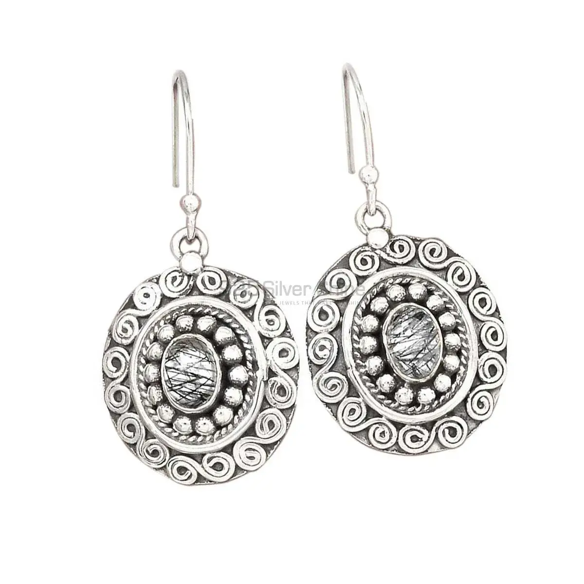 925 Sterling Silver Earrings In Genuine Black Rutile Gemstone 925SE2990_0