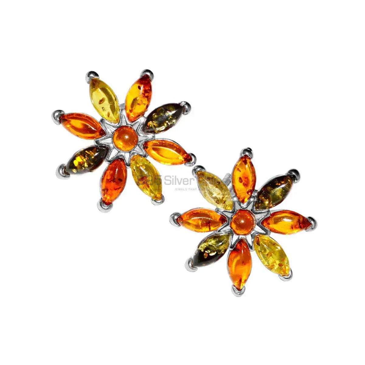 925 Sterling Silver Earrings In Semi Precious Amber Gemstone 925SE2910_1