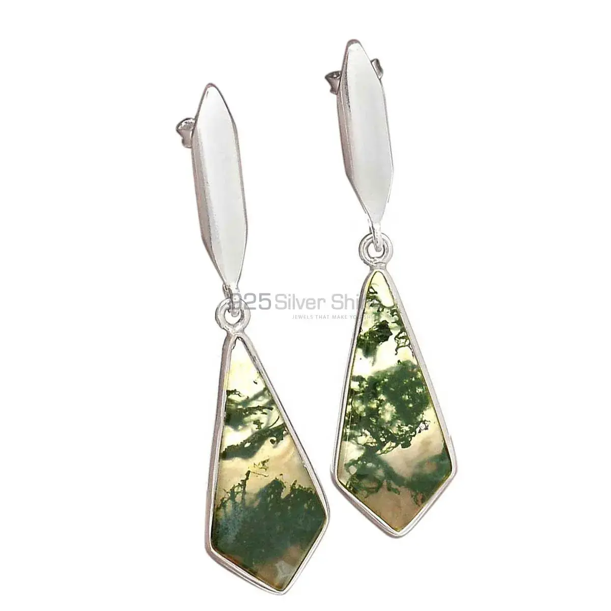 925 Sterling Silver Earrings In Genuine Moos Agate Gemstone 925SE2908_0