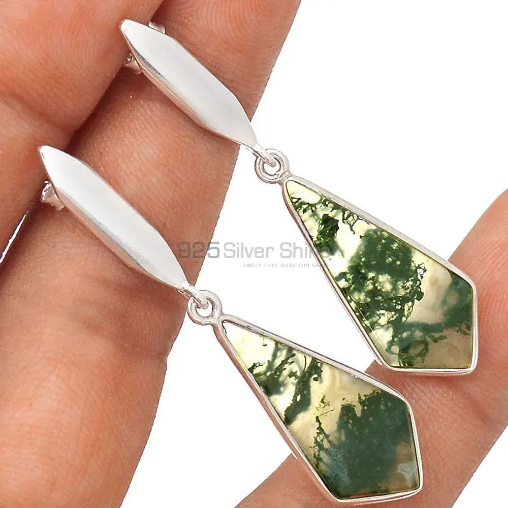 925 Sterling Silver Earrings In Genuine Moos Agate Gemstone 925SE2908_1