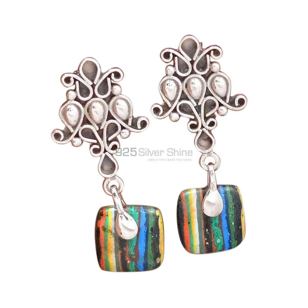 925 Sterling Silver Earrings In Genuine Rainbow Calsilica Gemstone 925SE2037_0