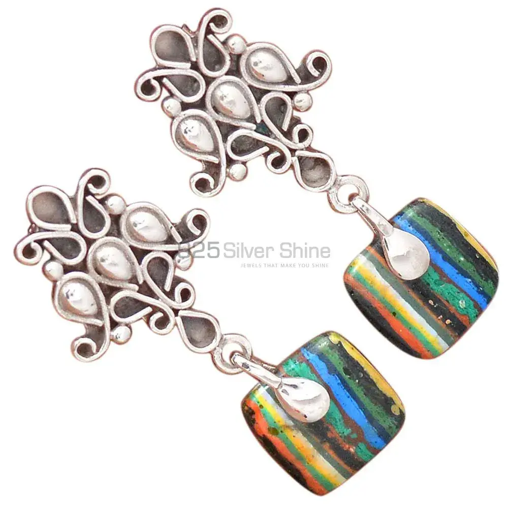 925 Sterling Silver Earrings In Genuine Rainbow Calsilica Gemstone 925SE2037_2