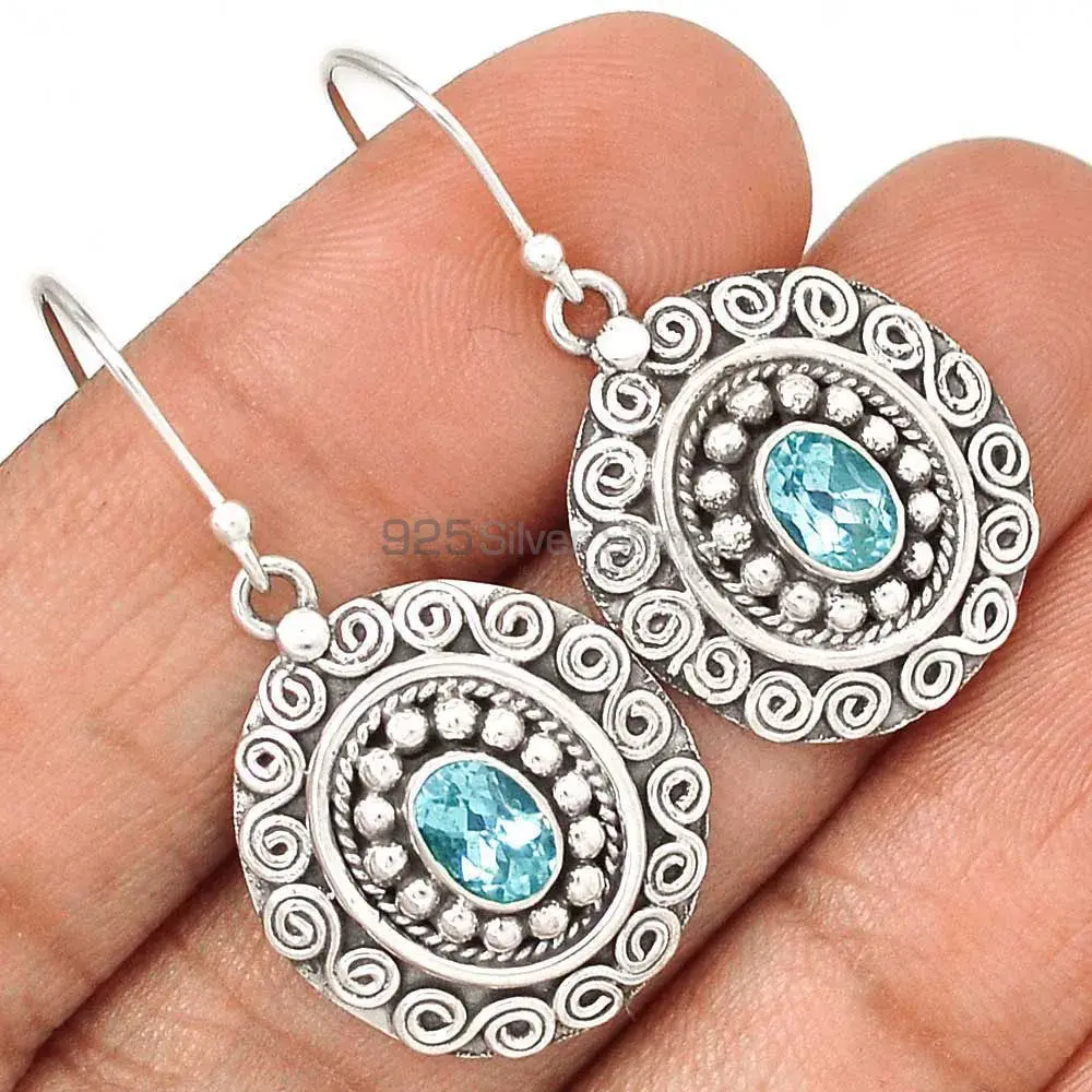925 Sterling Silver Earrings In Natural Blue Topaz Gemstone 925SE2985_1