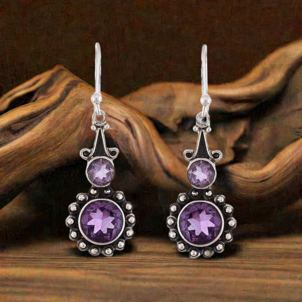 925 Sterling Silver Earrings In Semi Precious Amethyst Gemstone 925SE1178