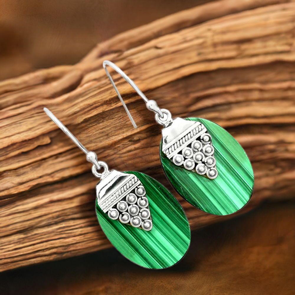 925 Sterling Silver Handmade Earrings In Malachite Gemstone Jewelry 925SE2471