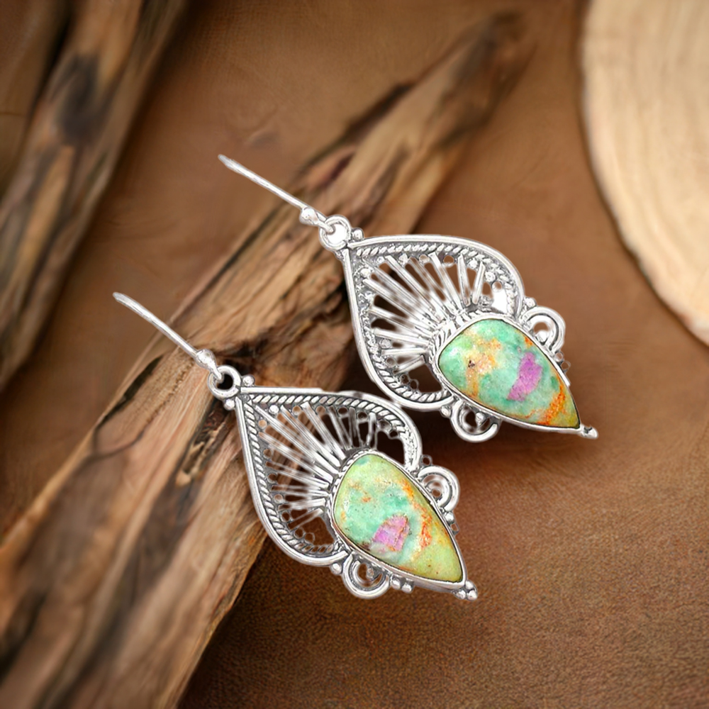 Natural Ruby Zoisite Gemstone Earrings In Fine 925 Sterling Silver 925SE2658