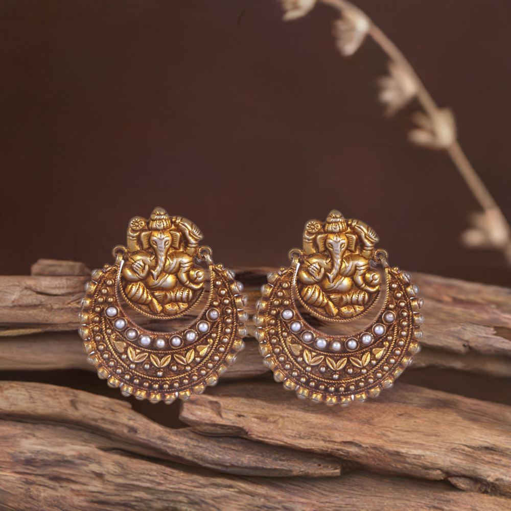 925 Sterling Silver Ganesh Design Earrings In Gold Plated 925SE288