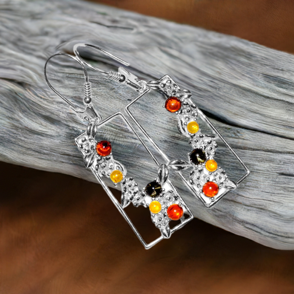 925 Sterling Silver Earrings In Natural Amber Gemstone 925SE2912