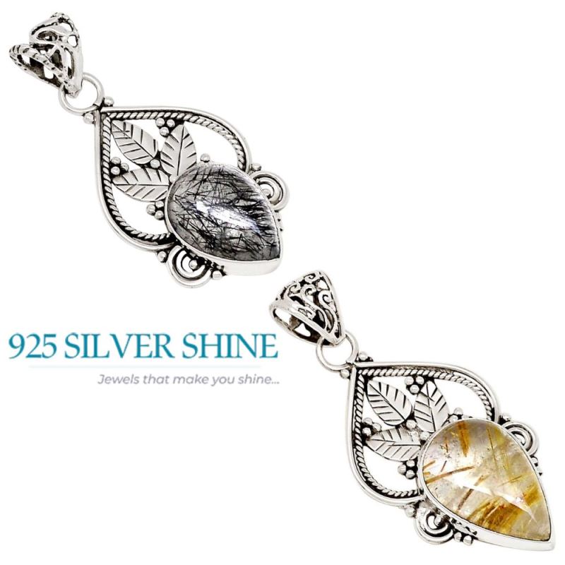 Fine Sterling Silver Pendants In Black Rutile Gemstone Jewelry 925SP107-1_3