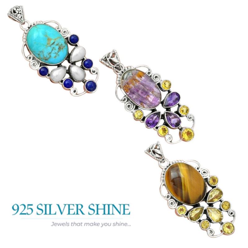 925 Sterling Silver Handmade Pendants In Multi Gemstone Jewelry 925SP22-2_4