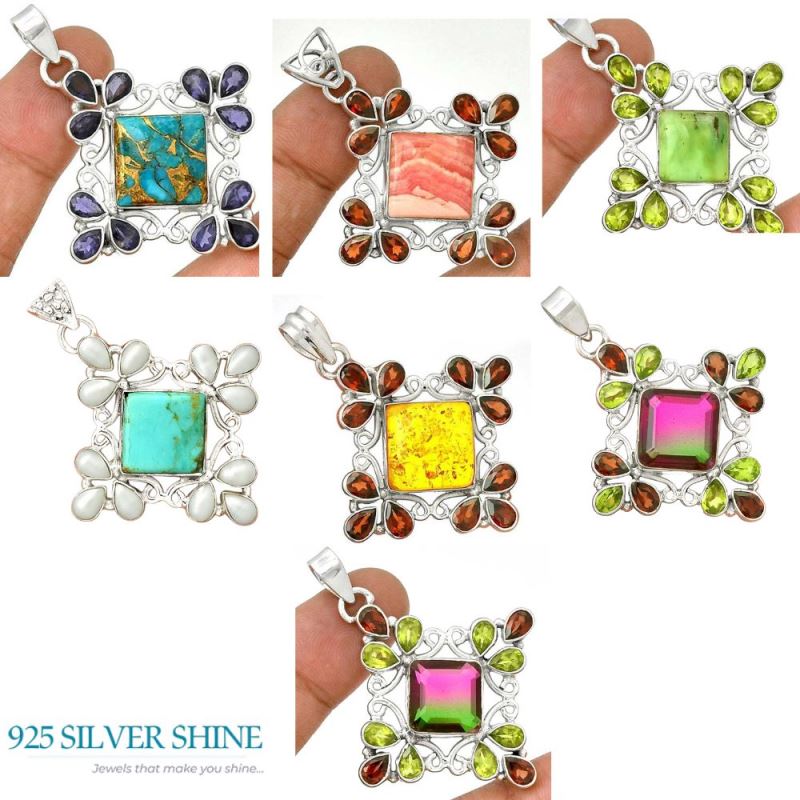 Solid Sterling Silver Handmade Pendants In Multi Gemstone Jewelry 925SP37-5_1