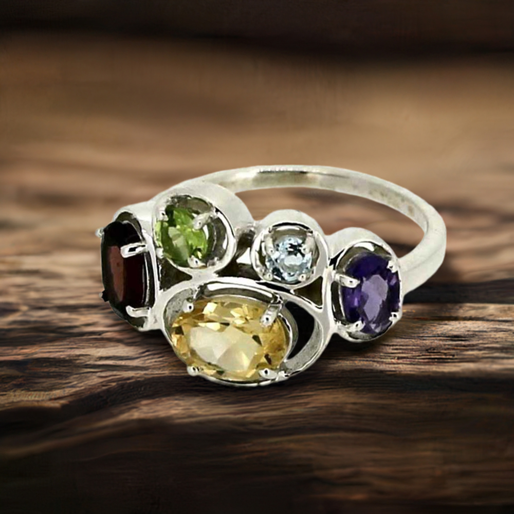 Natural Multi Stone Gemstone Ring In Sterling Silver 925SR037