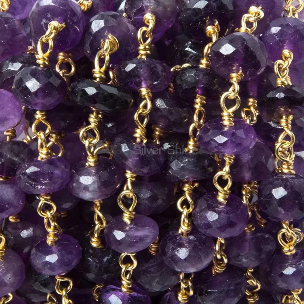 Amethyst Faceted Rondell Rosary Chain. "Wire Wrapped 1 Feet Roll Chain" 925RC167
