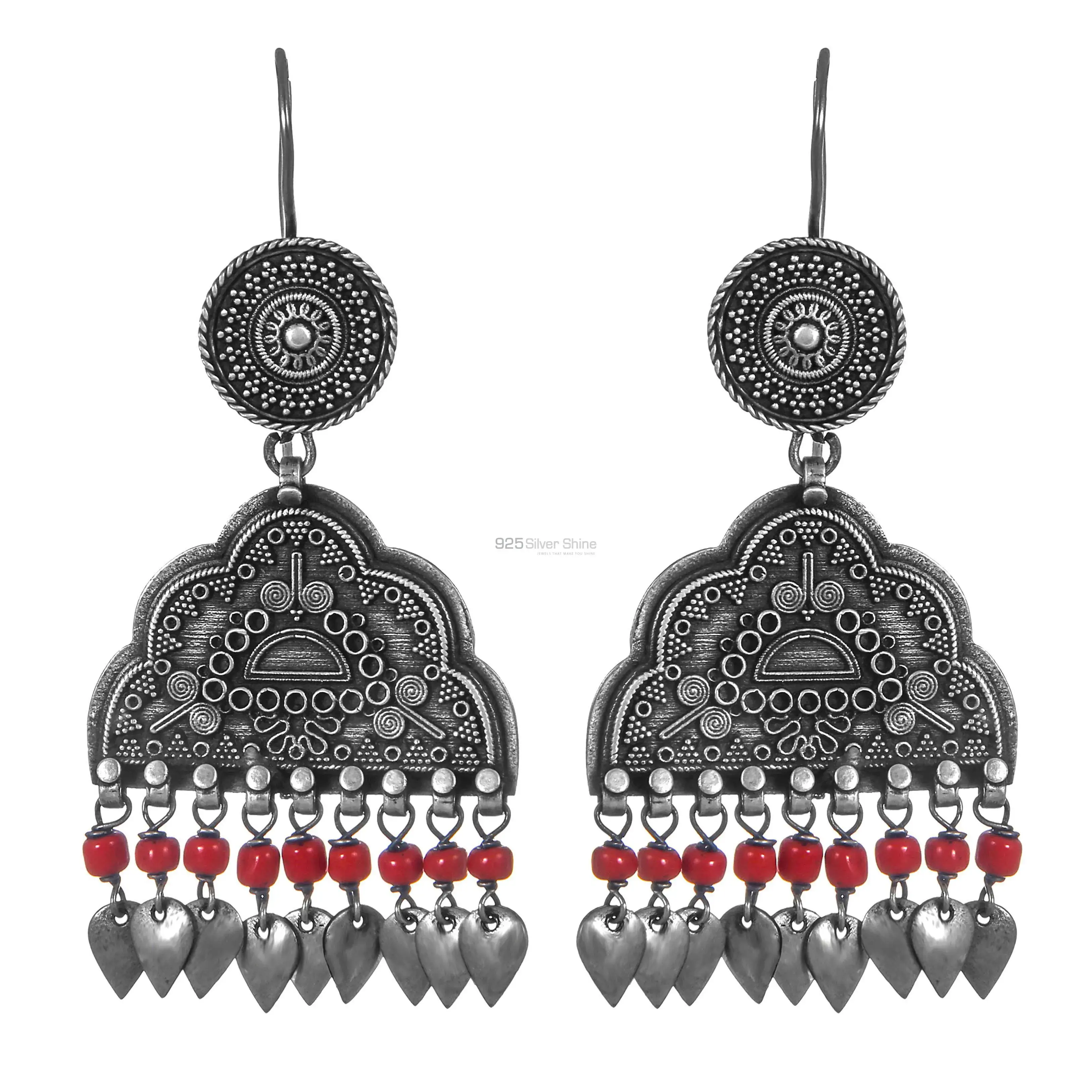 Antique Look Oxidized Solid 925 Silver Earrings In Coral Beads 925SE302_0