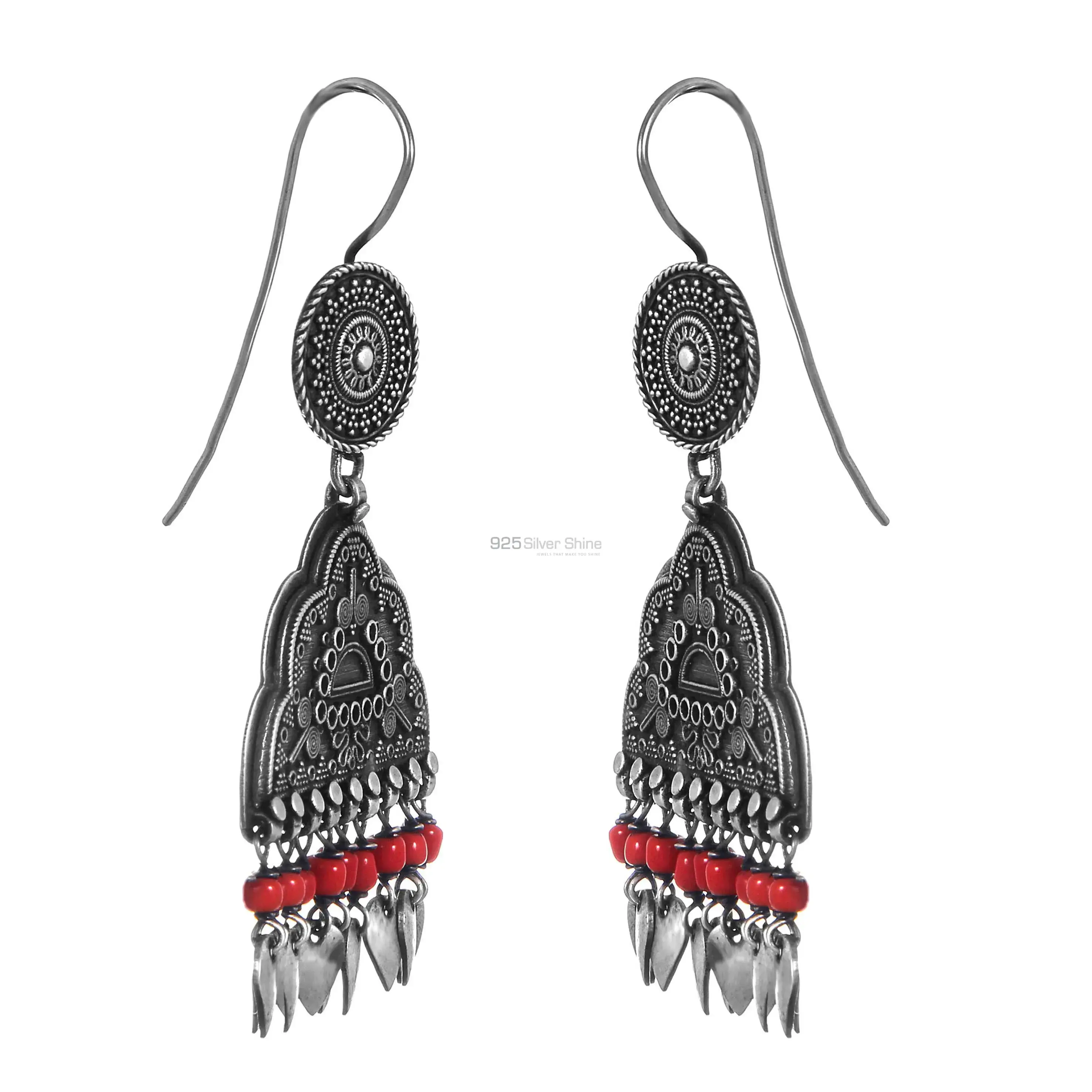Antique Look Oxidized Solid 925 Silver Earrings In Coral Beads 925SE302_1