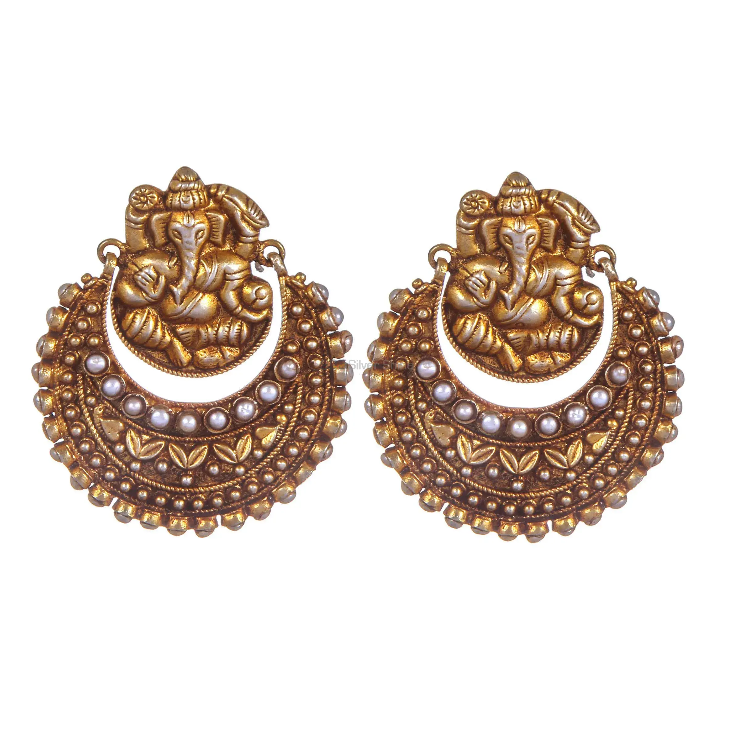 925 Sterling Silver Ganesh Design Earrings In Gold Plated 925SE288_1