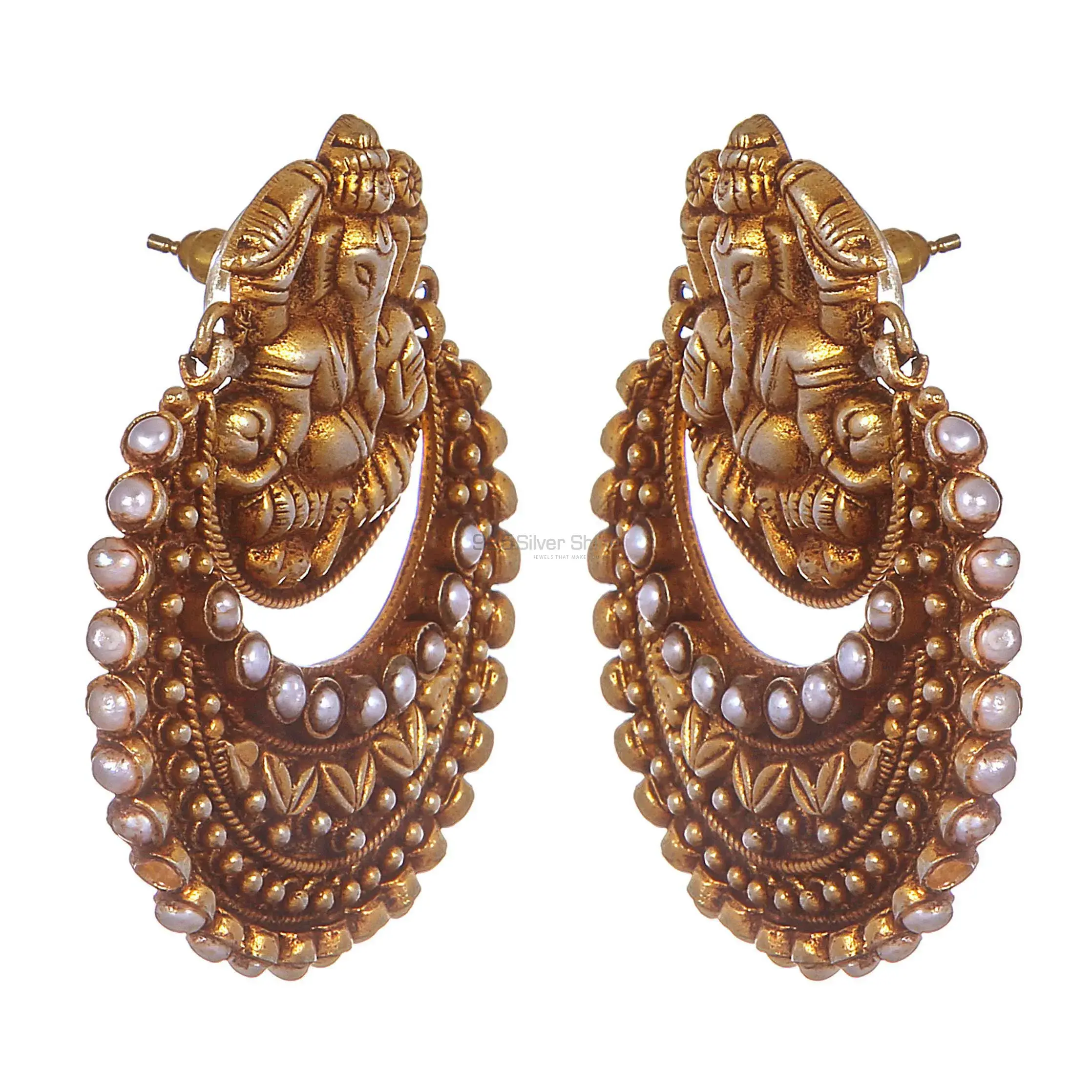 Beautiful 925 Sterling Silver Ganesh Design Earrings In Gold Plated 925SE288_0