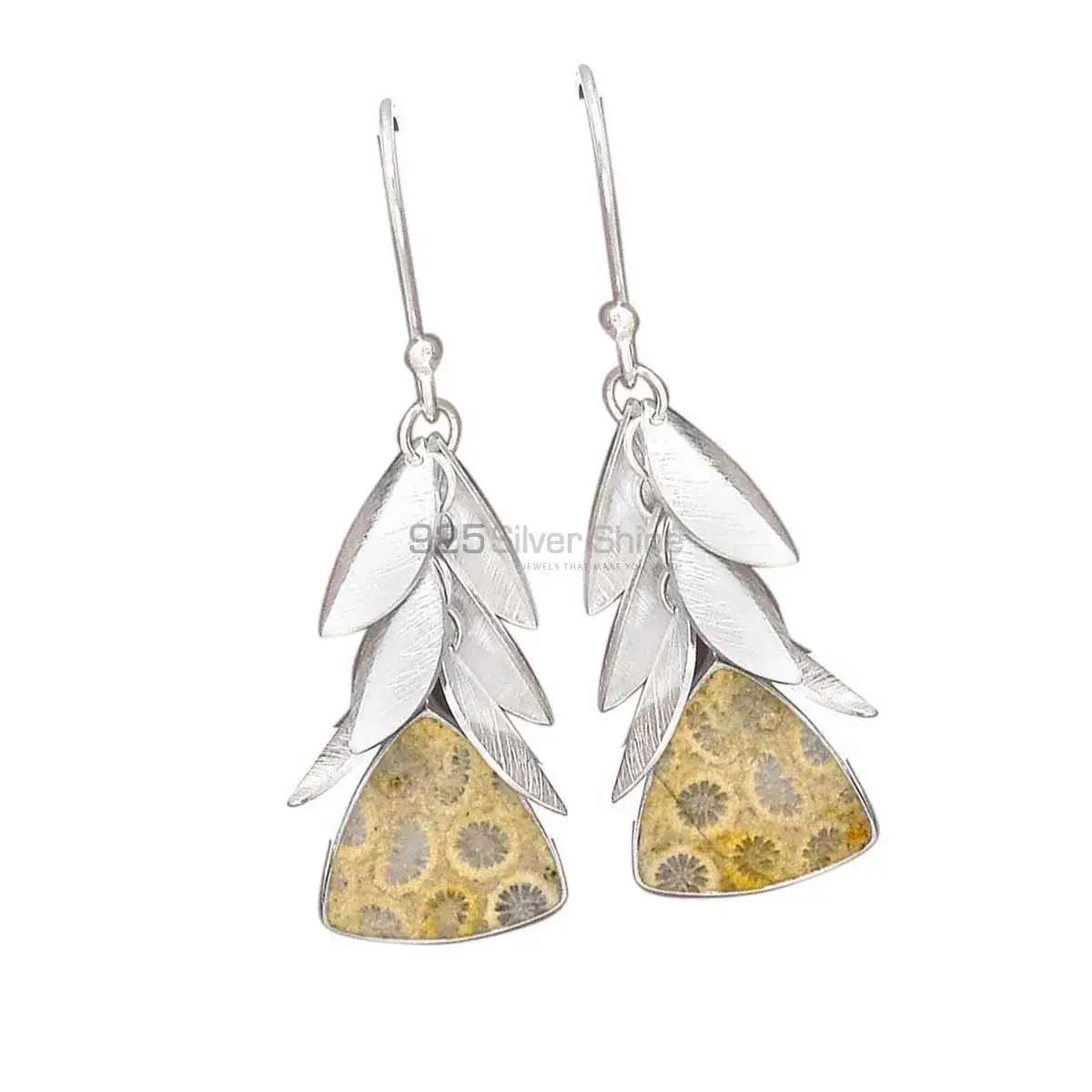 925 Sterling Silver Handmade Earrings In Fossil Coral Gemstone Jewelry 925SE3023