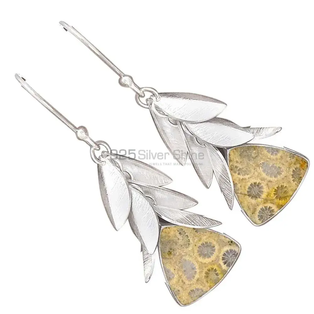 925 Sterling Silver Handmade Earrings In Fossil Coral Gemstone Jewelry 925SE3023_0
