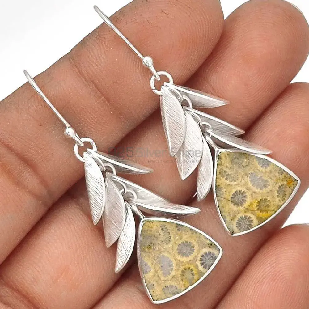 925 Sterling Silver Handmade Earrings In Fossil Coral Gemstone Jewelry 925SE3023_1