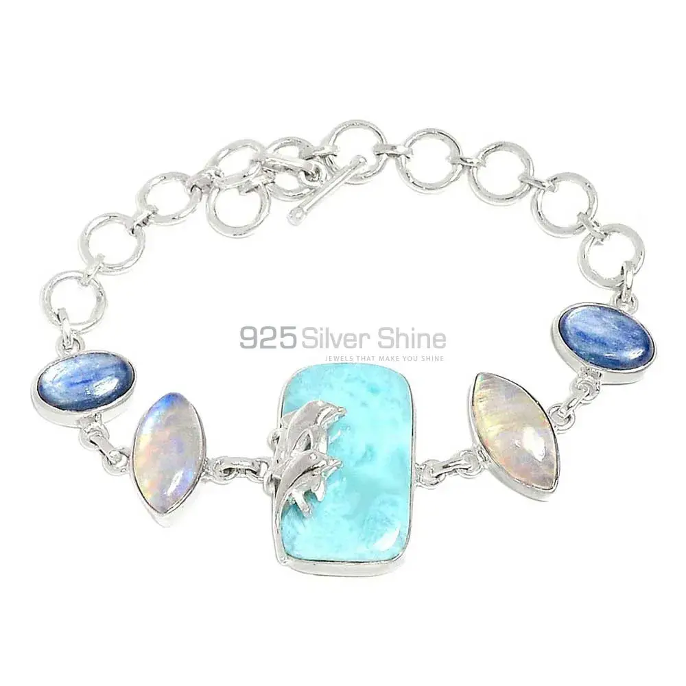 Solid Sterling Silver Handmade Bracelets In Larimar-Rainbow-Kyanite Gemstone Jewelry 925SB302-1