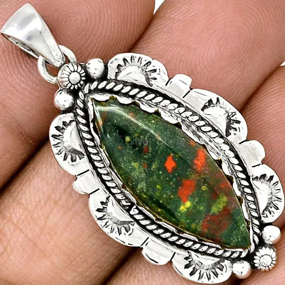 Solid Sterling Silver Handmade Pendants In Blood Stone Gemstone Jewelry 925SP086-1_1