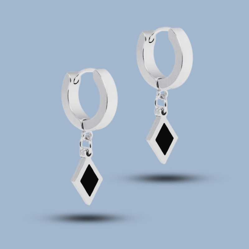 Black Onyx Square Gemstone With 925 Sterling Silver Small Huggies Hoop Earring 925She315_0