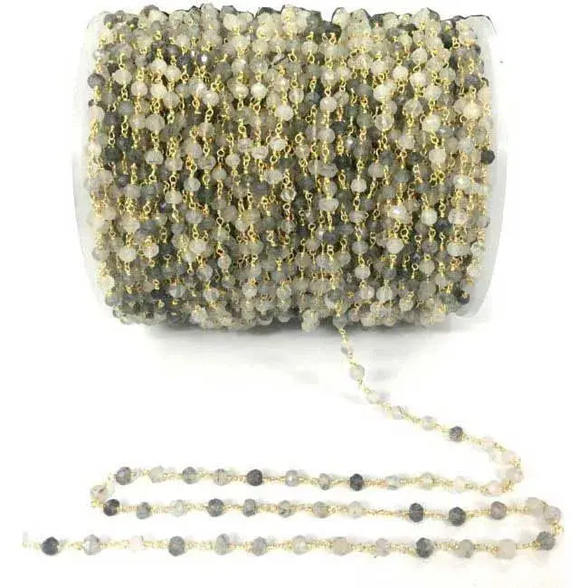 Black Rutile Quartz Gemstone Rosary Chain. "Wire Wrapped 1 Feet Roll Chain" 925RC184