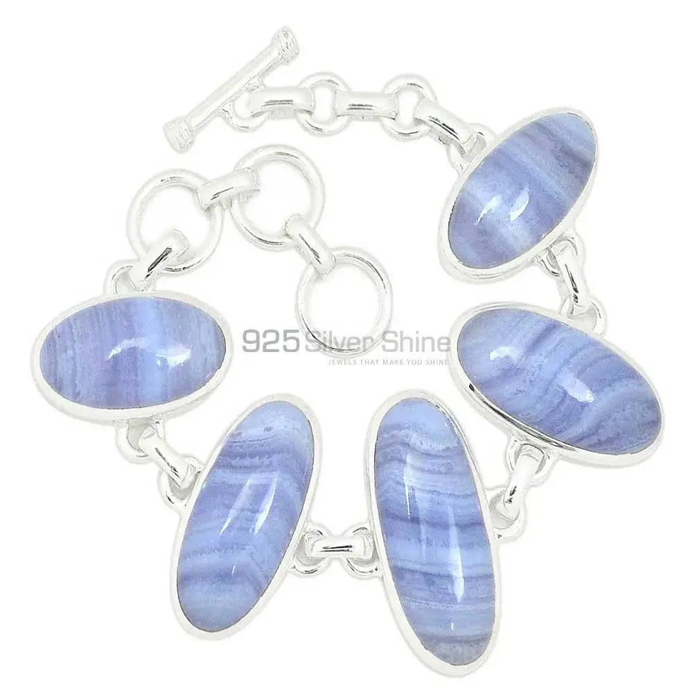 Blue Lace Agate Gemstone Handmade Bracelets In Solid Sterling Silver Jewelry 925SB307-3