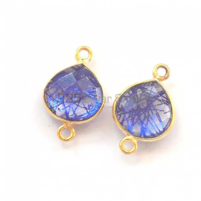 Blue Rutilated Pear Gemstone Double Bail Bezel Sterling Silver Gold Vermeil Gemstone Connector 925GC298