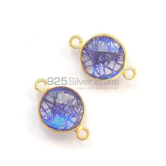 Blue Rutilated Round Gemstone Double Bail Bezel Sterling Silver Gold Vermeil Gemstone Connector 925GC297