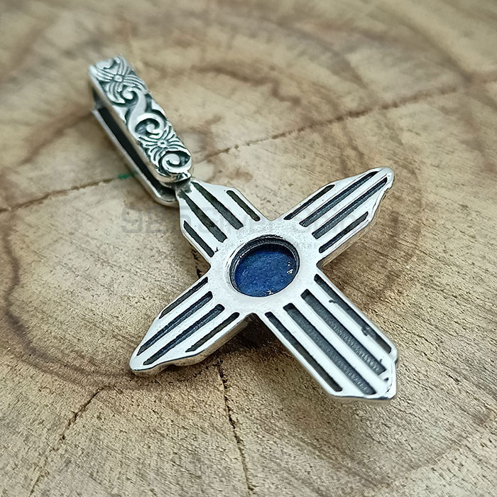 Cross Oxidised 925 Silver Pendant In Natural Lapis Lazuli Gemstone 925NSP19_0