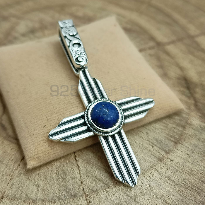 Cross Oxidised 925 Silver Pendant In Natural Lapis Lazuli Gemstone 925NSP19_1